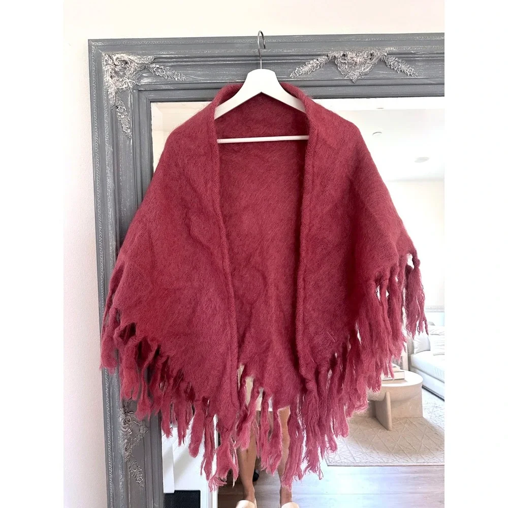 Vintage 80s St Albans Pure Mohair Pile Wrap Shawl Fringe Berry Pink Magenta